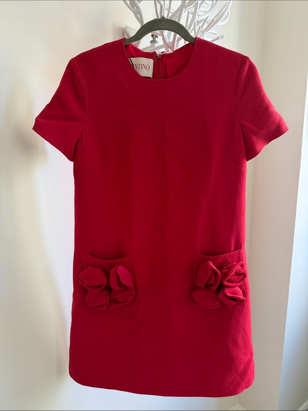 Valentino Bright Red Short-Sleeve Dress with Floral Pocket Appliqués